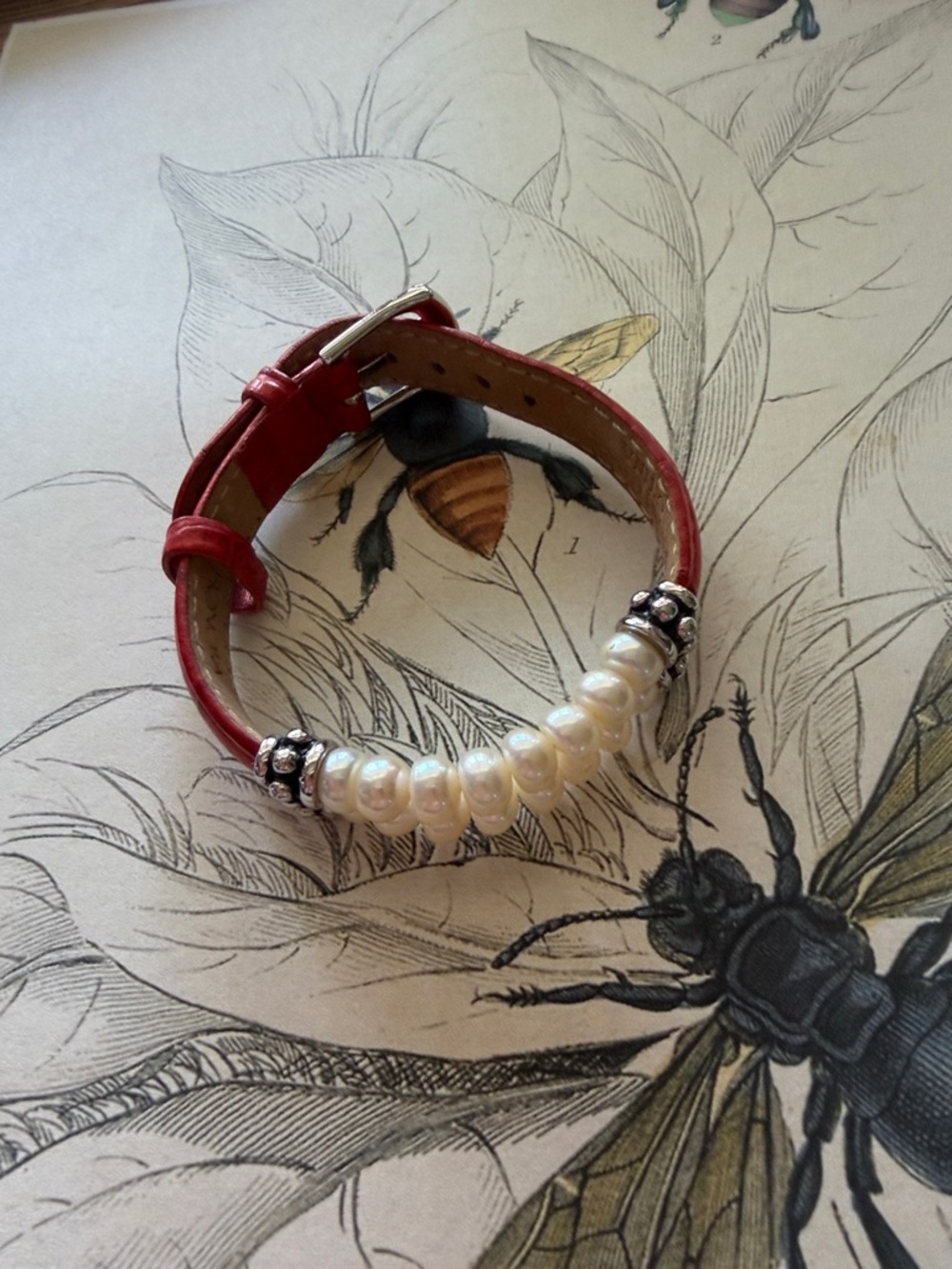 Honora Red Leather Bracelet with White Pearl Accents